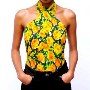NWT Zara CrissCross HalterNeck Bodysuit Black/Yellow Floral SnapButtonTop Size M